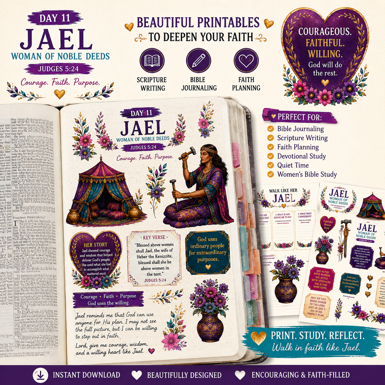 Day 11: Jael Women of the Bible Extension Pack | Judges 5:24 Bible Study & Scripture Writing Printable