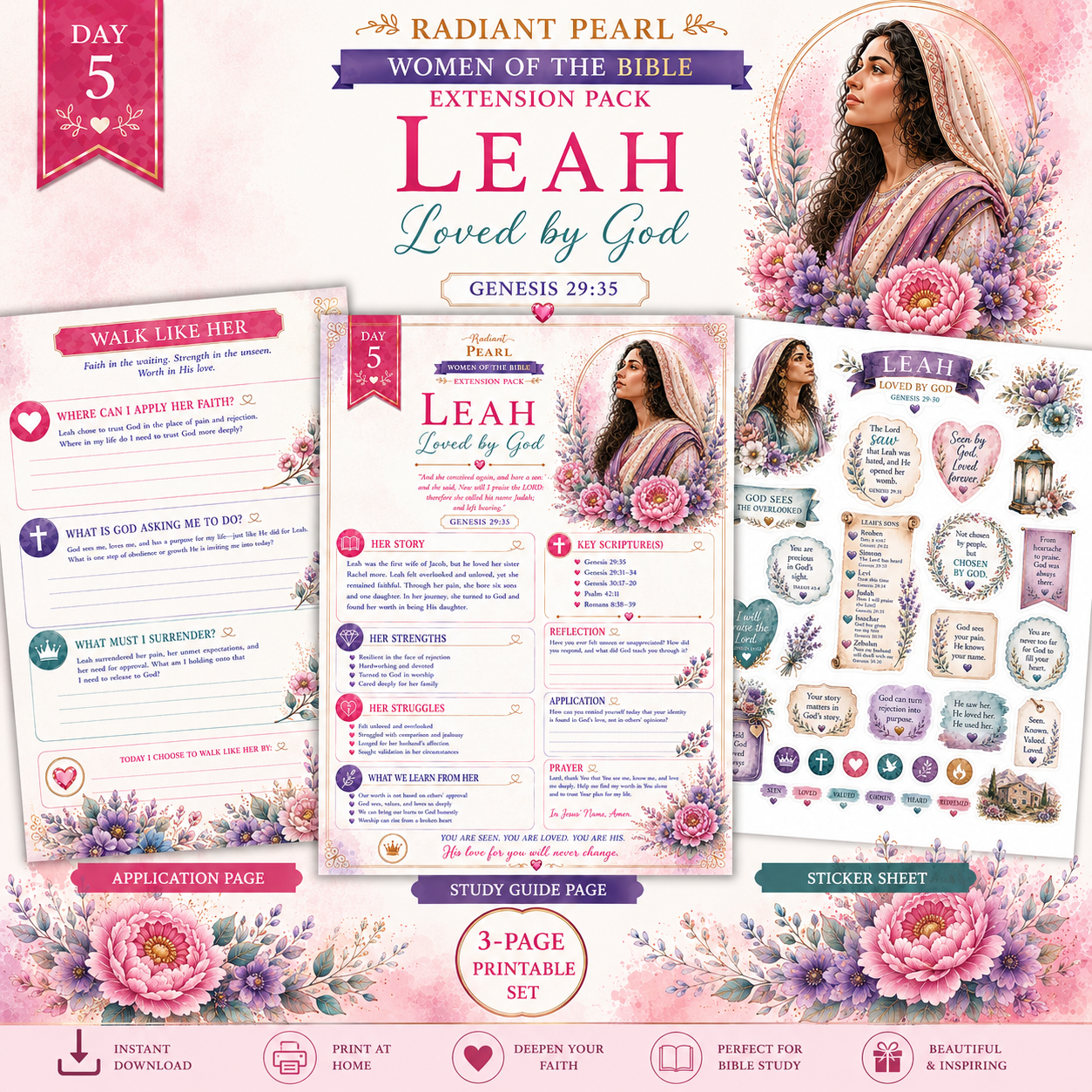Day 5 Leah Extension Pack | Women of the Bible Scripture Writing Printable Bundle | Christian Bible Study & Journaling Kit | Genesis 29:35