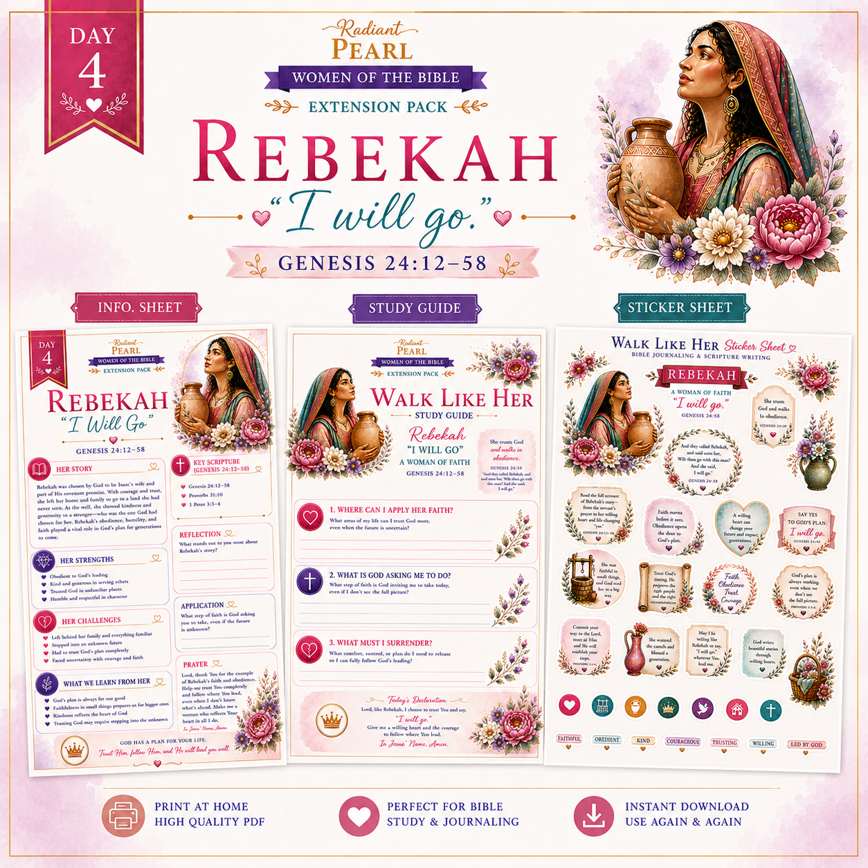 Day 4 – Rebekah “I Will Go” Women of the Bible Extension Pack | Scripture Writing & Bible Journaling Printable Bundle