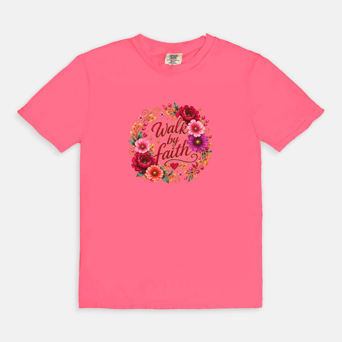 Walk By Faith Floral Christian T-Shirt  Comfort Colors 1717 Faith-Based Graphic Tee for Women