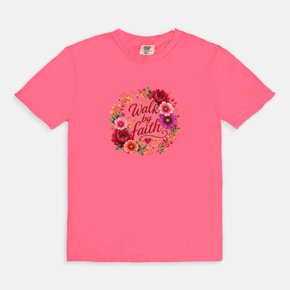 Walk By Faith Floral Christian T-Shirt  Comfort Colors 1717 Faith-Based Graphic Tee for Women