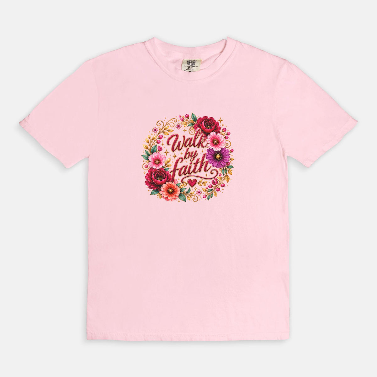 Walk By Faith Floral Christian T-Shirt  Comfort Colors 1717 Faith-Based Graphic Tee for Women