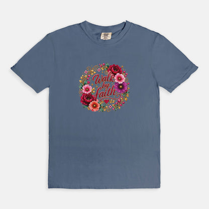 Walk By Faith Floral Christian T-Shirt  Comfort Colors 1717 Faith-Based Graphic Tee for Women