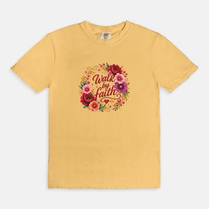 Walk By Faith Floral Christian T-Shirt  Comfort Colors 1717 Faith-Based Graphic Tee for Women