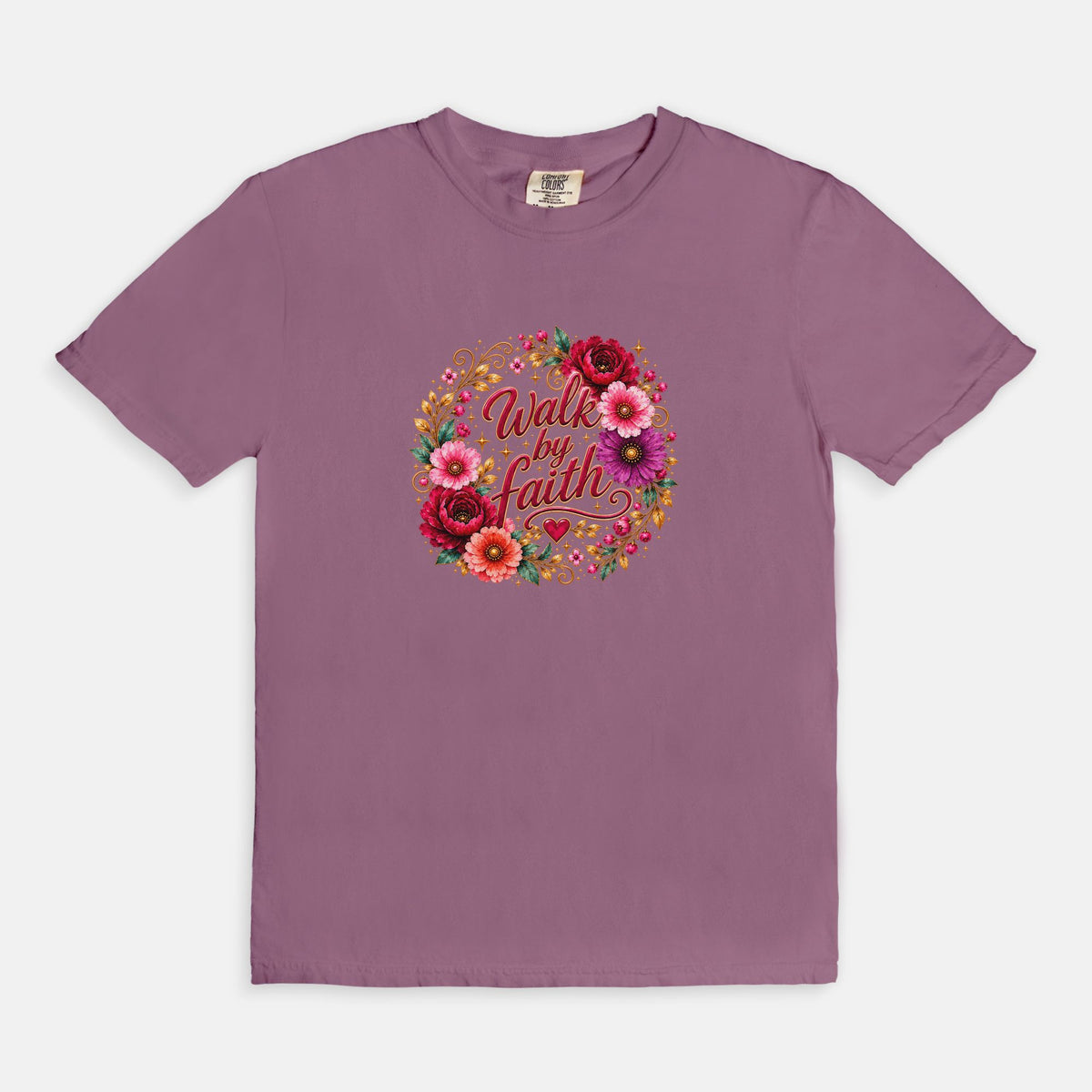 Walk By Faith Floral Christian T-Shirt  Comfort Colors 1717 Faith-Based Graphic Tee for Women