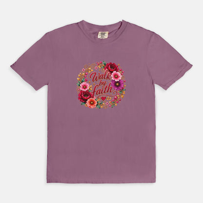 Walk By Faith Floral Christian T-Shirt  Comfort Colors 1717 Faith-Based Graphic Tee for Women