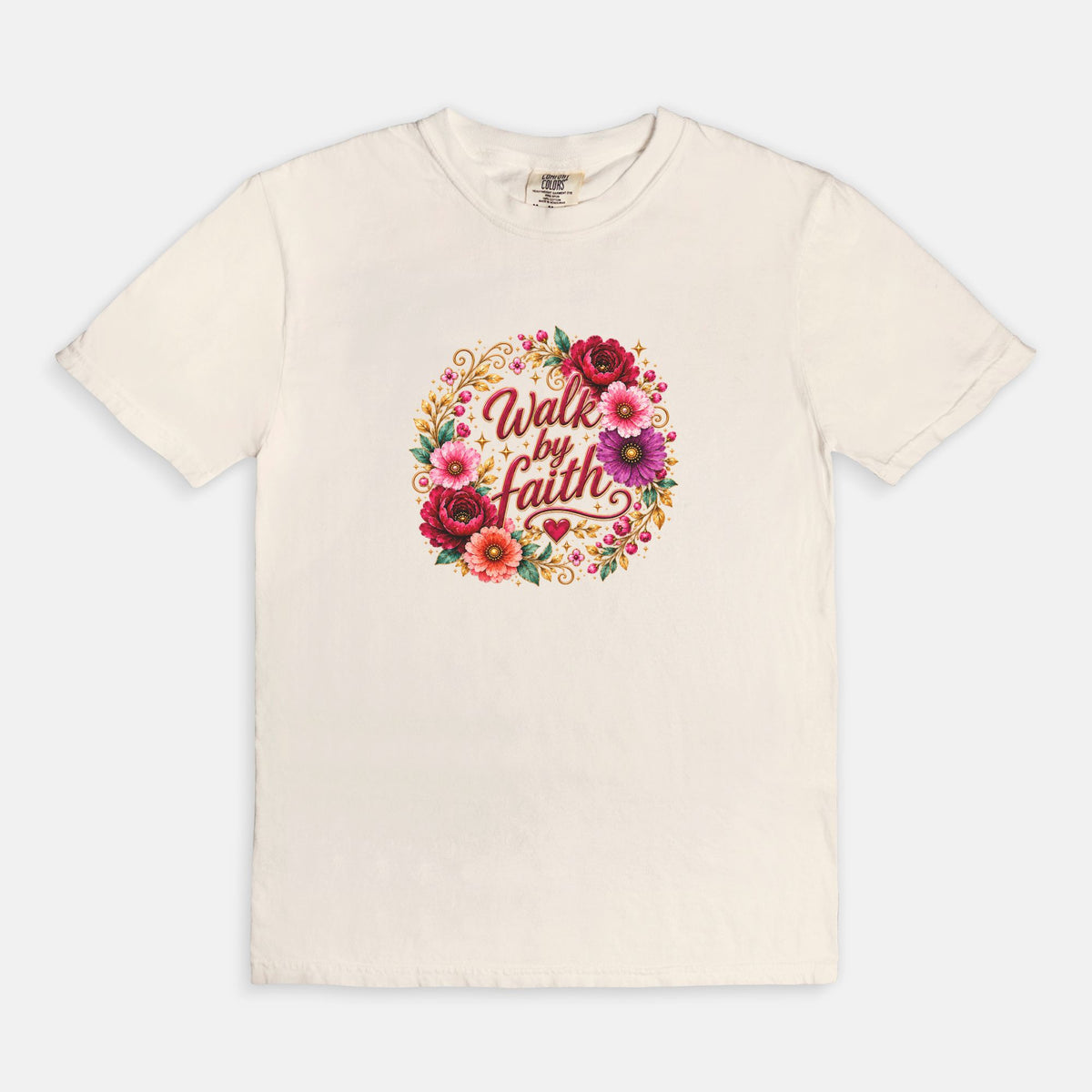 Walk By Faith Floral Christian T-Shirt  Comfort Colors 1717 Faith-Based Graphic Tee for Women