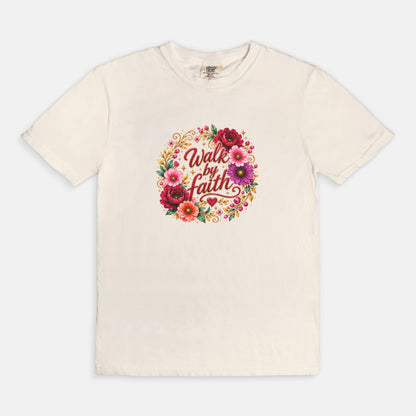 Walk By Faith Floral Christian T-Shirt  Comfort Colors 1717 Faith-Based Graphic Tee for Women