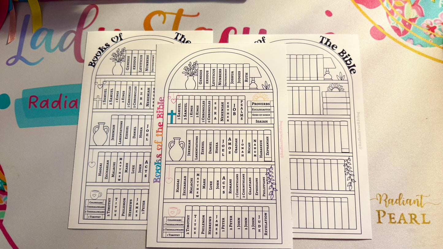 Books Of The Bible Tracker Sticker 5x7 | Black and White Coloring Page | Colorful Bible Reading Tracker