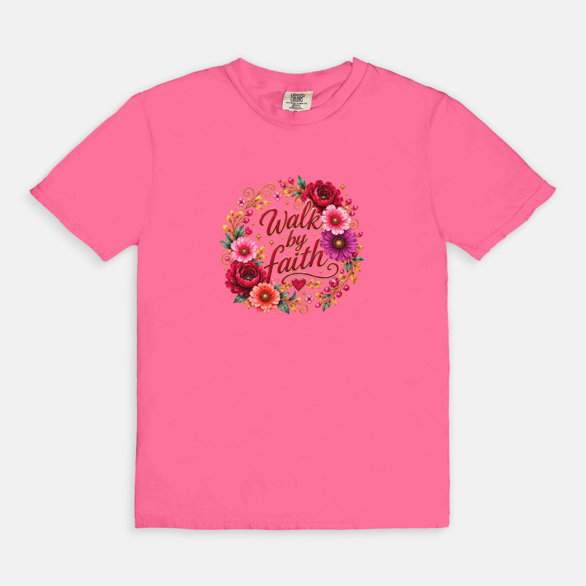 Walk By Faith Floral Christian T-Shirt  Comfort Colors 1717 Faith-Based Graphic Tee for Women