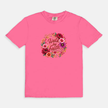 Walk By Faith Floral Christian T-Shirt  Comfort Colors 1717 Faith-Based Graphic Tee for Women