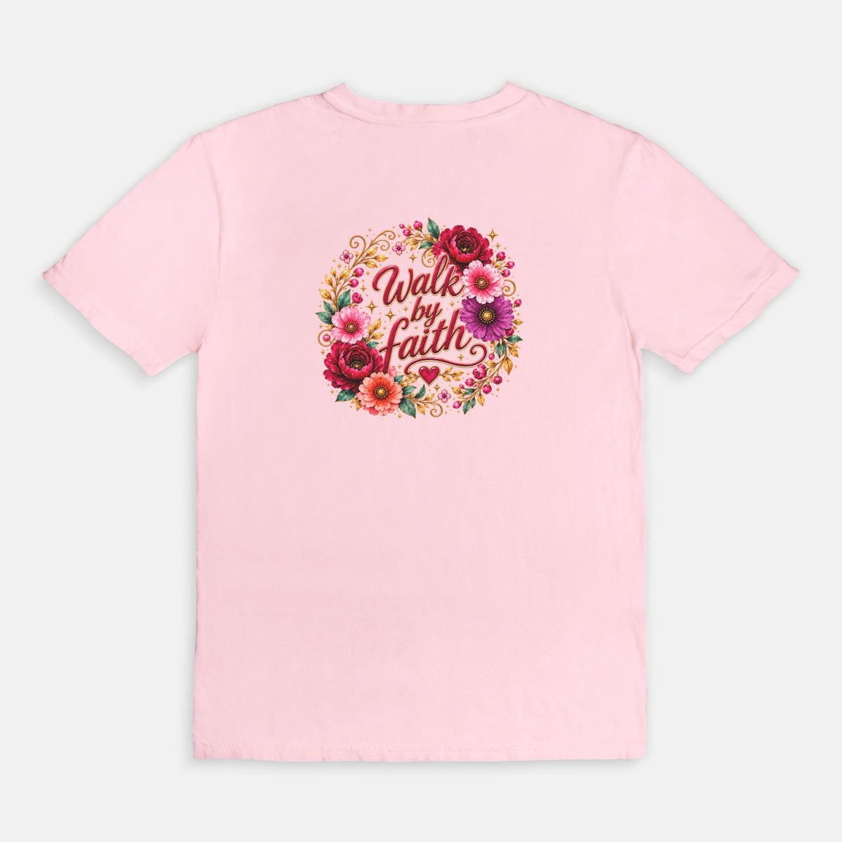 Walk By Faith Floral Christian T-Shirt  Comfort Colors 1717 Faith-Based Graphic Tee for Women
