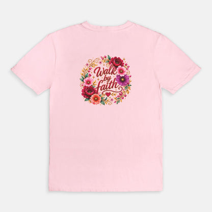 Walk By Faith Floral Christian T-Shirt  Comfort Colors 1717 Faith-Based Graphic Tee for Women