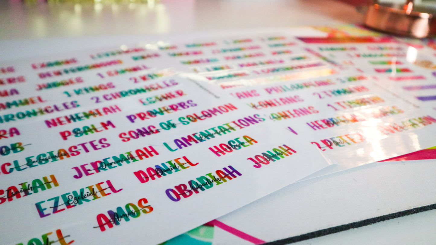 Books of the Bible Header Clear Vinyl Sticker Labels| Colorful Bible Personalized