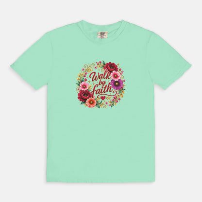 Walk By Faith Floral Christian T-Shirt  Comfort Colors 1717 Faith-Based Graphic Tee for Women