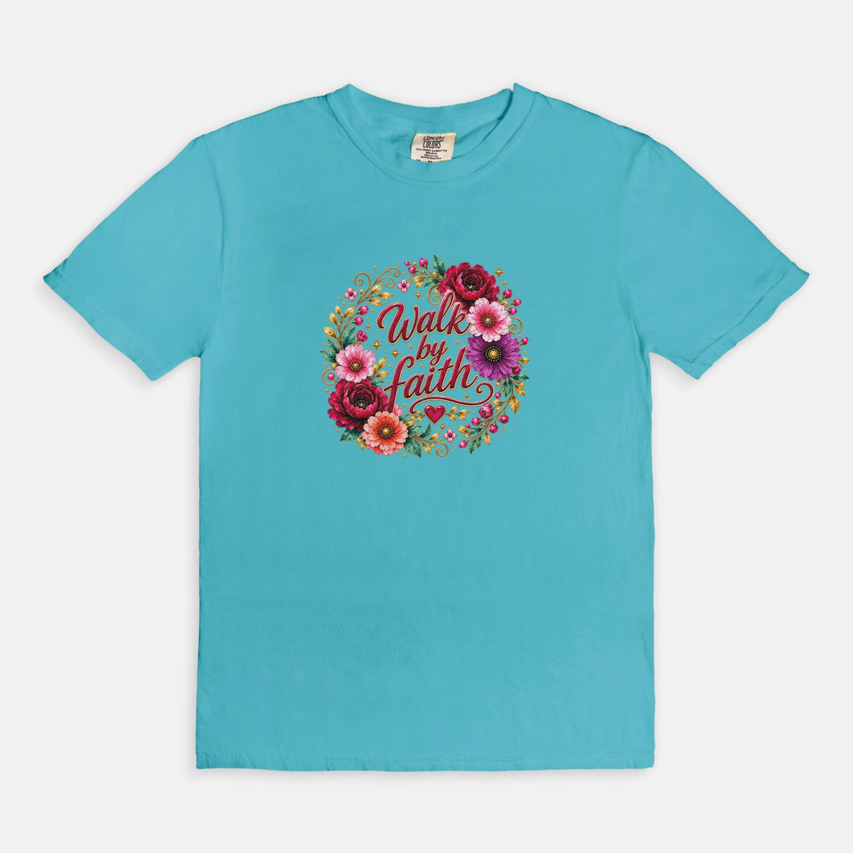 Walk By Faith Floral Christian T-Shirt  Comfort Colors 1717 Faith-Based Graphic Tee for Women