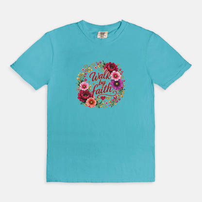 Walk By Faith Floral Christian T-Shirt  Comfort Colors 1717 Faith-Based Graphic Tee for Women