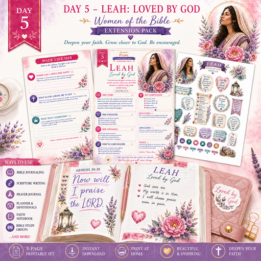 Day 5 Leah Extension Pack | Women of the Bible Scripture Writing Printable Bundle | Christian Bible Study & Journaling Kit | Genesis 29:35