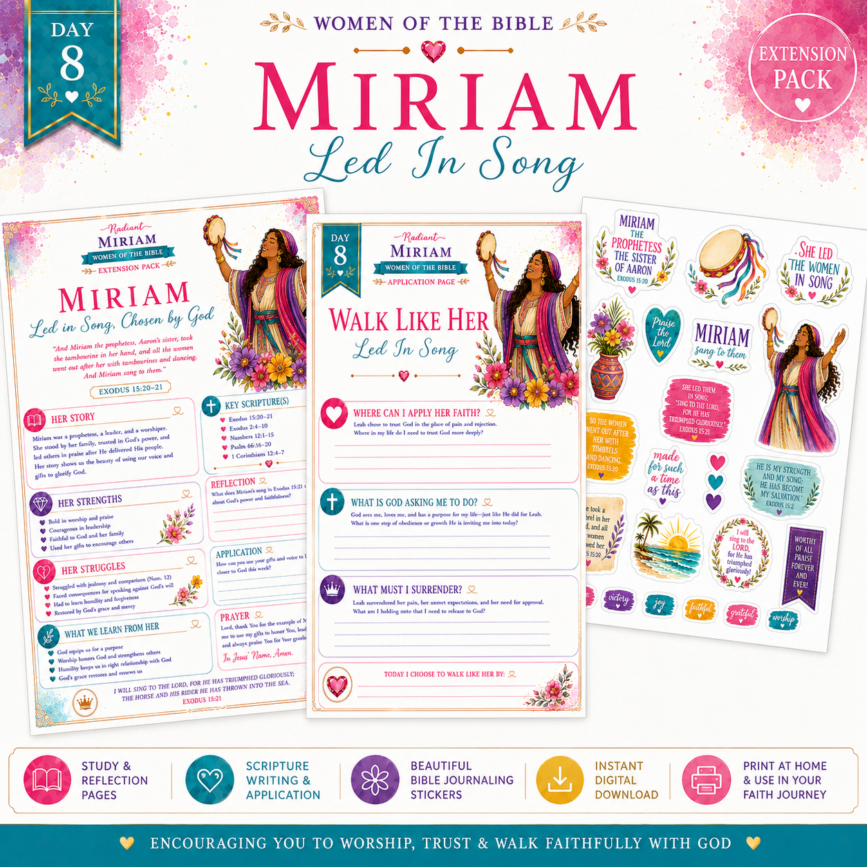 Day 8 Women of the Bible – Miriam “Led In Song” Extension Pack | Bible Journaling & Scripture Writing Printable Kit
