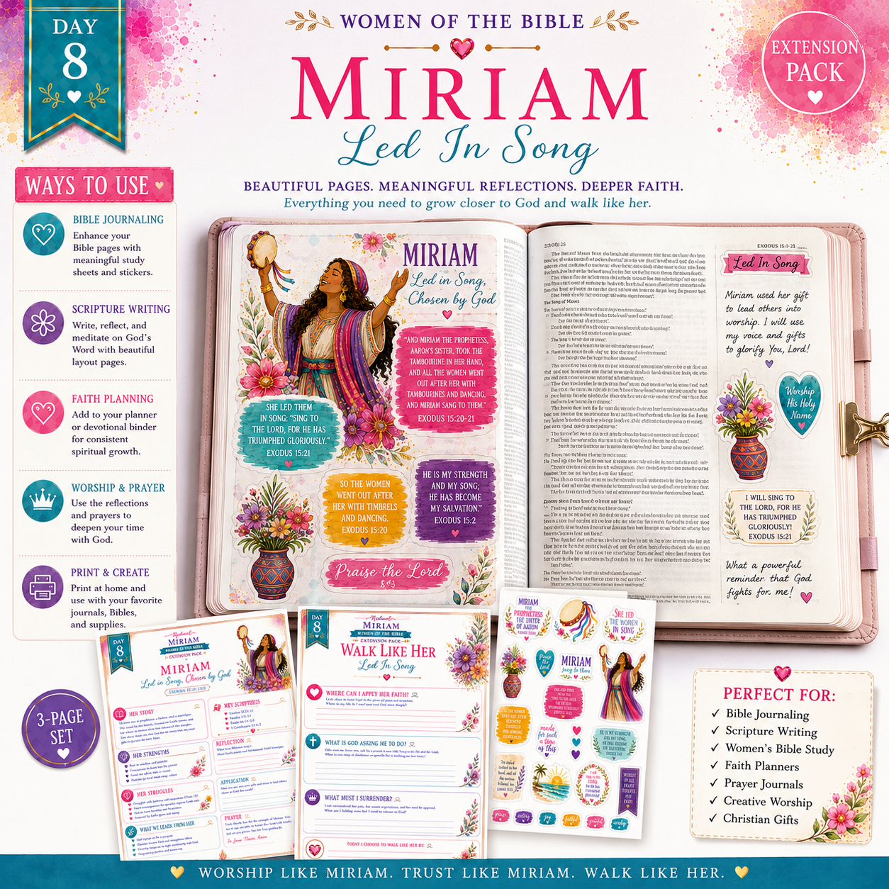 Day 8 Women of the Bible – Miriam “Led In Song” Extension Pack | Bible Journaling & Scripture Writing Printable Kit