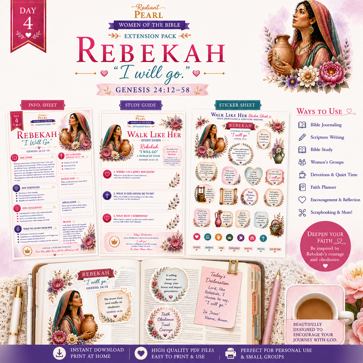 Day 4 – Rebekah “I Will Go” Women of the Bible Extension Pack | Scripture Writing & Bible Journaling Printable Bundle