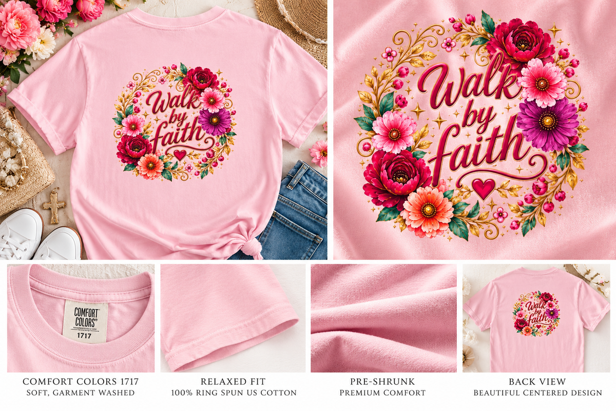Walk By Faith Floral Christian T-Shirt  Comfort Colors 1717 Faith-Based Graphic Tee for Women