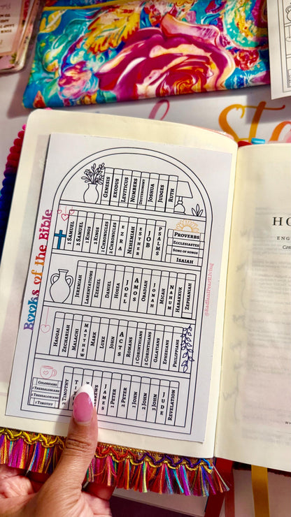 Books Of The Bible Tracker Sticker 5x7 | Black and White Coloring Page | Colorful Bible Reading Tracker