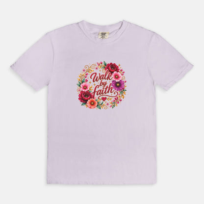 Walk By Faith Floral Christian T-Shirt  Comfort Colors 1717 Faith-Based Graphic Tee for Women