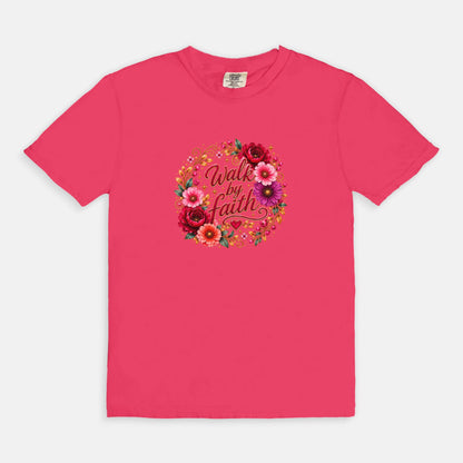Walk By Faith Floral Christian T-Shirt  Comfort Colors 1717 Faith-Based Graphic Tee for Women