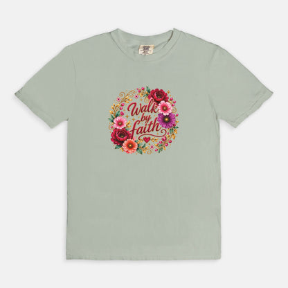Walk By Faith Floral Christian T-Shirt  Comfort Colors 1717 Faith-Based Graphic Tee for Women
