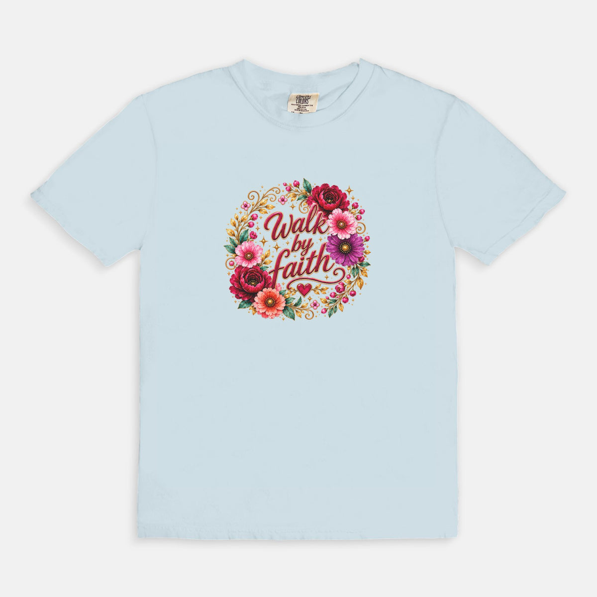 Walk By Faith Floral Christian T-Shirt  Comfort Colors 1717 Faith-Based Graphic Tee for Women