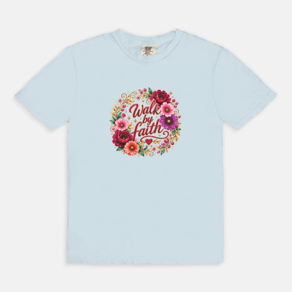 Walk By Faith Floral Christian T-Shirt  Comfort Colors 1717 Faith-Based Graphic Tee for Women
