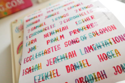 Books of the Bible Header Clear Vinyl Sticker Labels| Colorful Bible Personalized